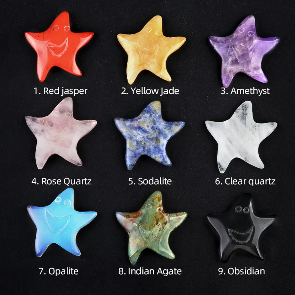 30mm Natural Crystal Smiling Starfish Figurine | Hand-Carved Gemstone Starfish for Reiki & Home Decor