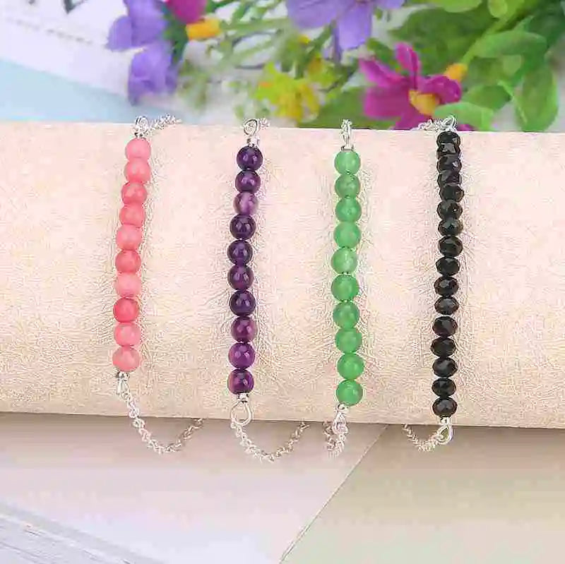 4mm Natural Agate Amethyst Beaded Chain Bracelet for Women - Delicate Minimalist Gemstone Bar Bracelet, Elegant Bridesmaid Wedding Gift Jewelry