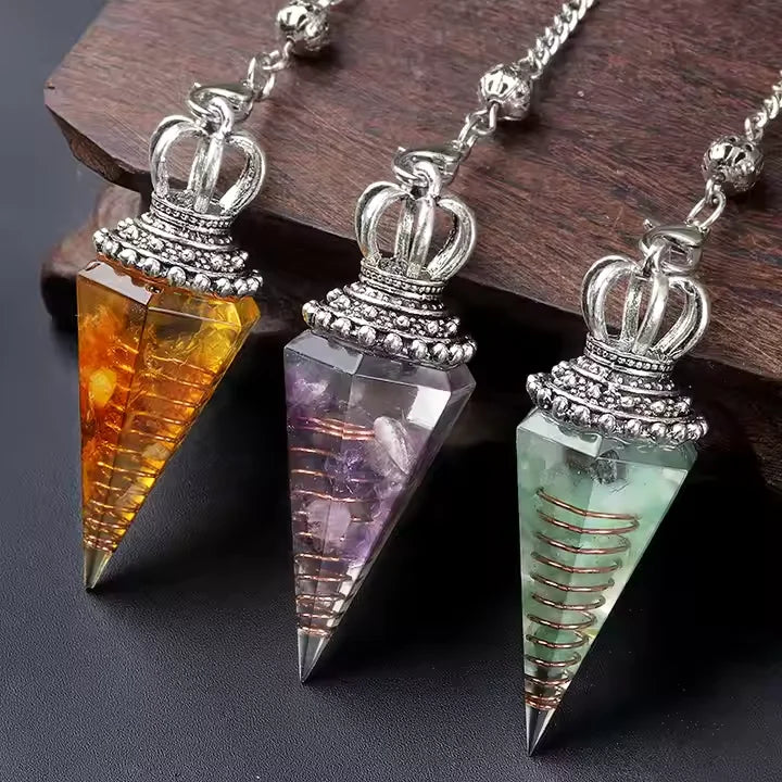 Crown Resin Pendulum with Red Crystal Chips | Divination Dowsing Pendulum for Witchcraft Healing Spiritual Jewelry