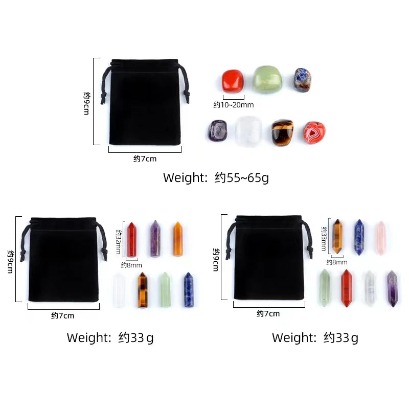 7 Chakra Crystal Tower Set | Polished Natural Stone Points with Velvet Pouch for Reiki & Decoration