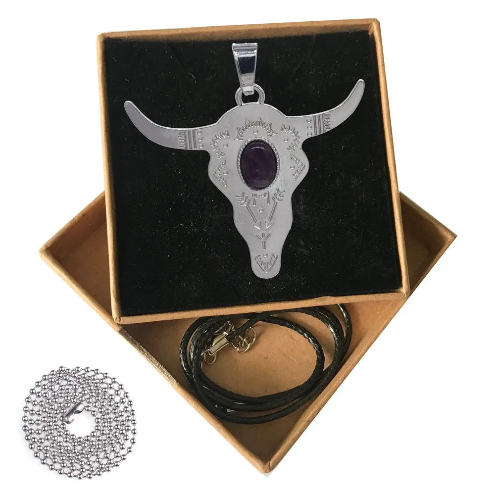 Retro Southwest Bull Skull Pendant, Vintage Silver‑Tone Longhorn Bull Head Charm Inlaid Natural Cabochon Stone, Boho Western Style DIY Jewelry Making Supply
