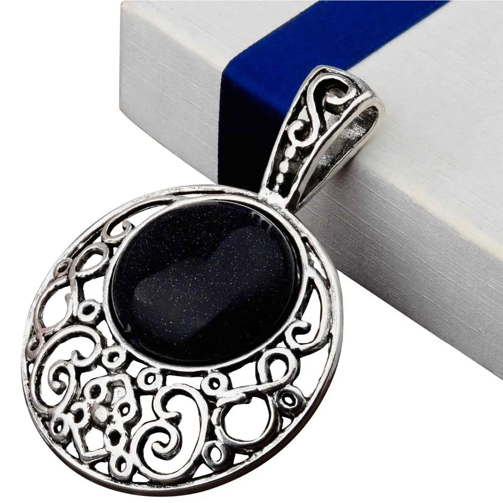 Plated Silver 40MM Round Zinc Alloy 20MM Semi Precious stone Blue Goldsand Pendants for women Charms Jewelry Necklace