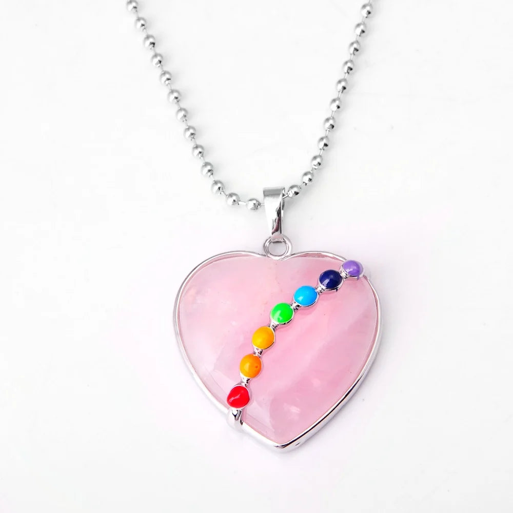 Rainbow 7 Chakra Inlaid Heart Gem Pendant Necklace, Spiritual Energy Balance Crystal Jewelry Gift