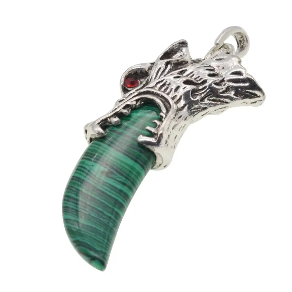 Antique Silver Wolf Head Claw Natural Gemstone Pendant Necklace, Vintage Carved Wolf Tooth Crystal Charm Necklace, Boho Spiritual Protection Healing Stone Jewelry for Men Women