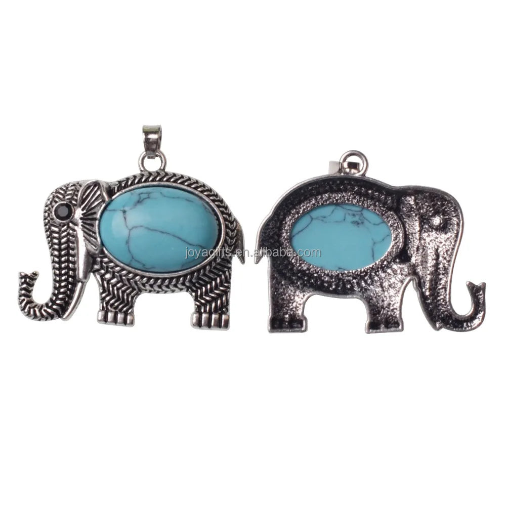 Antique Silver Elephant Natural Gemstone Pendant, Oval Cabochon Crystal Stone Elephant Charm Pendant, Reiki Chakra Healing Stone DIY Jewelry Making Supply for Necklace