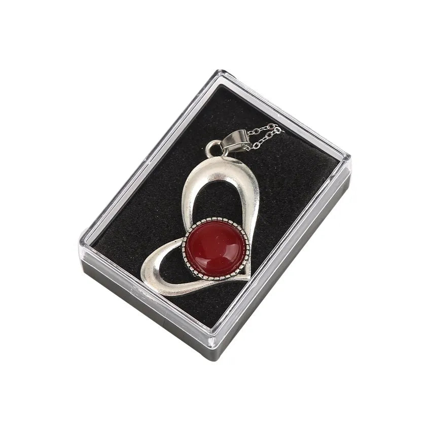 Sleek Open Heart Natural Stone Pendant Necklace, Silver Tone Curved Metal Frame with Round Gemstone, Minimalist Everyday Necklace for Women