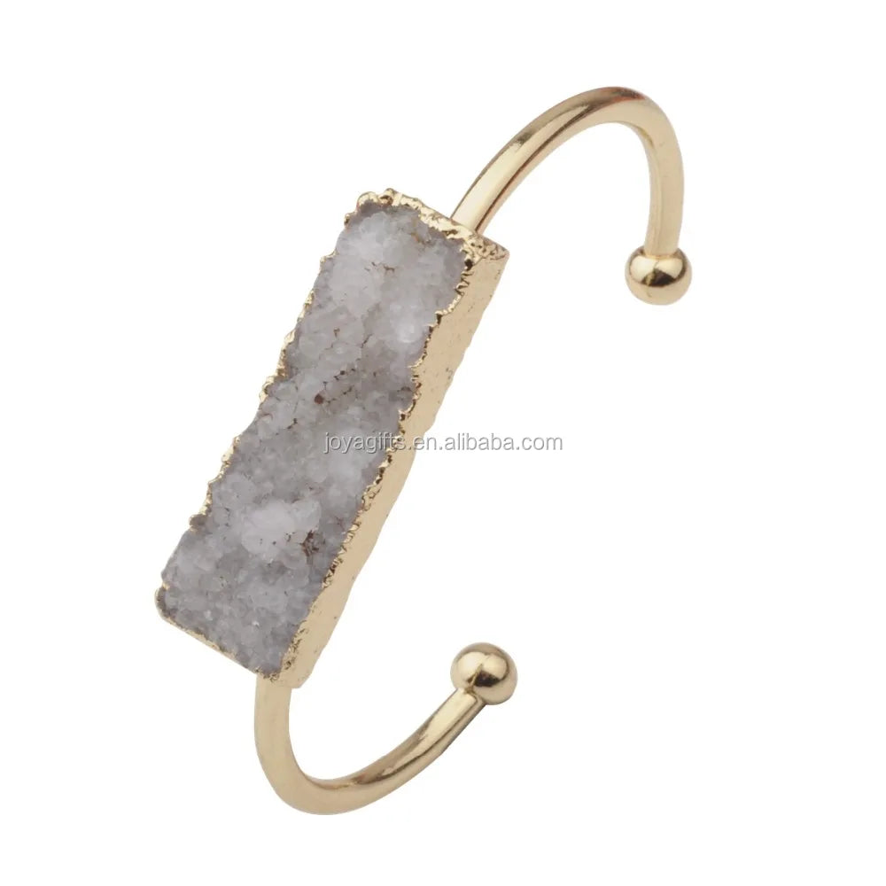 Natural Raw Druzy Quartz Crystal Cuff Bangle Gold Plated Open Resizable Stone Bracelet for Women