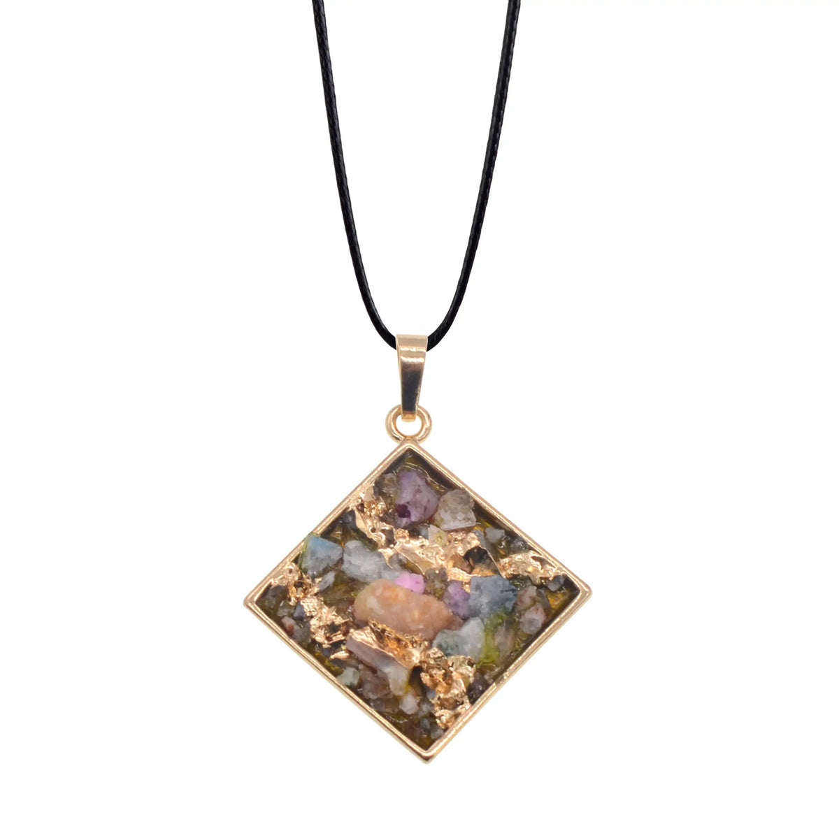 Orgone Crushed Mixed Gemstone Resin Pendant, Gold Plated Frame Multi‑Shape Natural Chip Stone Necklace Pendant, Orgonite Chakra Reiki Energy Healing Charm for Women