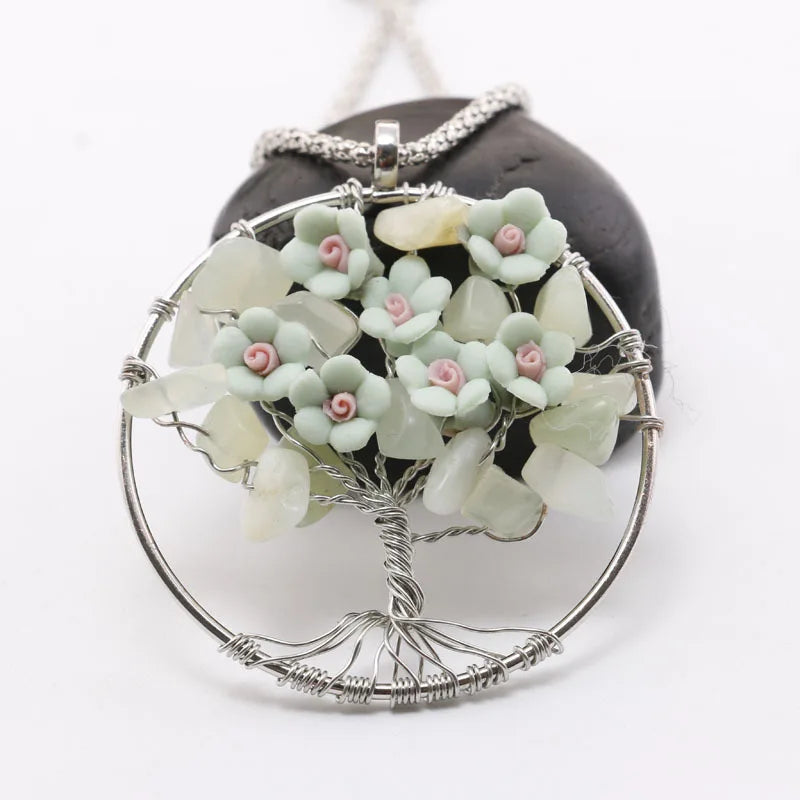 Wire‑Wrapped Tree of Life Pendant, Natural Chip Crystal With Handmade Ceramic Flower, Silver Circle Life Tree Necklace Charm, Spiritual Healing Jewelry