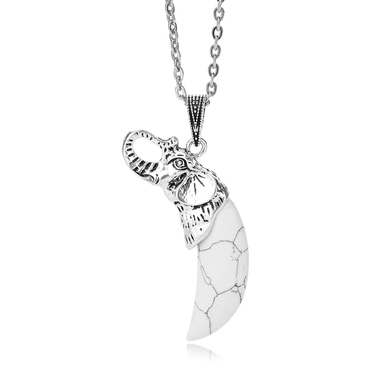 Antique Silver Elephant Wrapped Crescent Moon Natural Gemstone Pendant Necklace, Polished Moon‑Shape Crystal Charm Necklace, Boho Spiritual Chakra Reiki Healing Stone Jewelry for Women