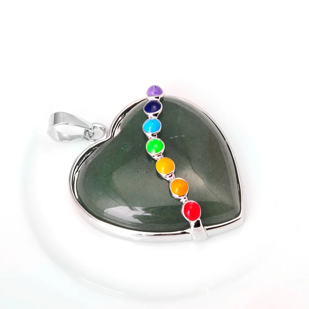Natural Green Aventurine Heart Pendant with 7 Chakra Beads, Spiritual Energy Balance Crystal Jewelry