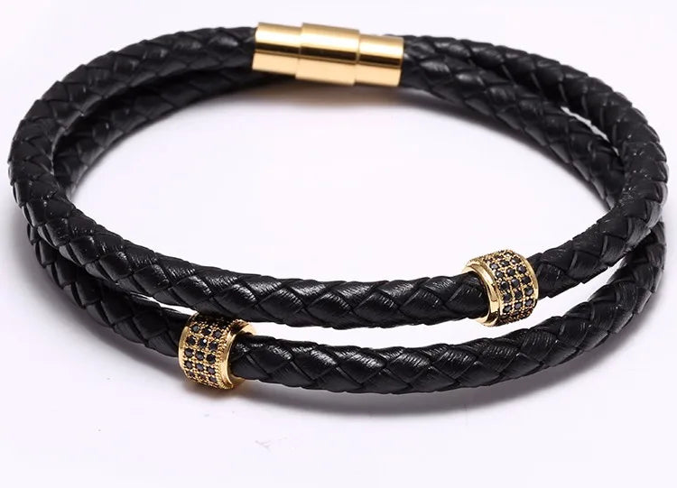 Double Layer Black Braided Genuine Leather Bracelet for Men - Gold Stainless Steel Magnetic Clasp, Luxury Copper CZ Zircon Charm Punk Rock Bangle