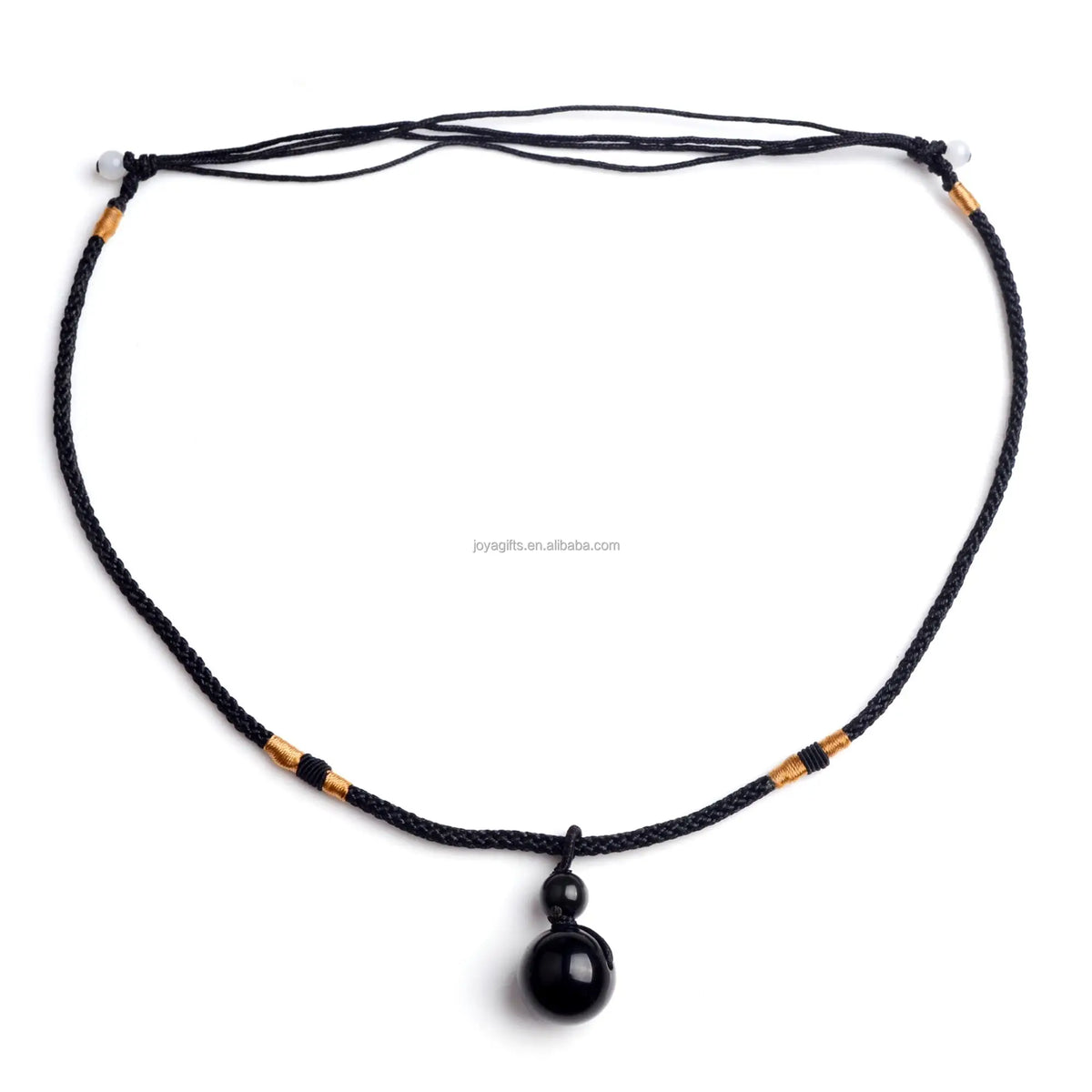 Polished Black Obsidian Sphere Pendant Necklace, Multi‑Size Round Obsidian Ball with Braided Black‑Gold Adjustable Cord, Protection Energy Stone Unisex Spiritual Necklace