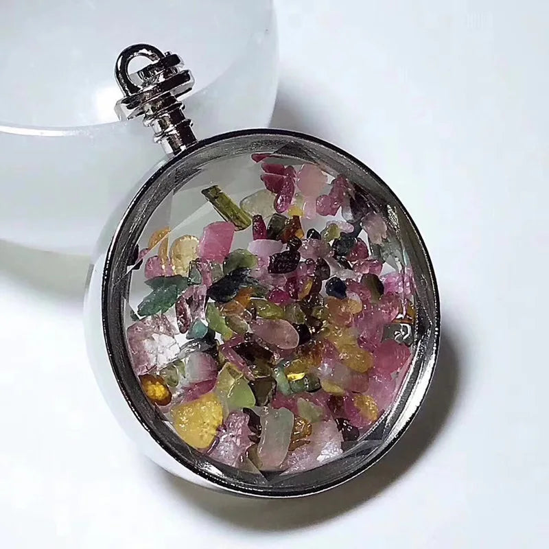 Classical Natural Stone Tourmaline Chips Pocket Watch Shape Pendant Wishing Bottle Necklace Collars Jewelry Gift for Women