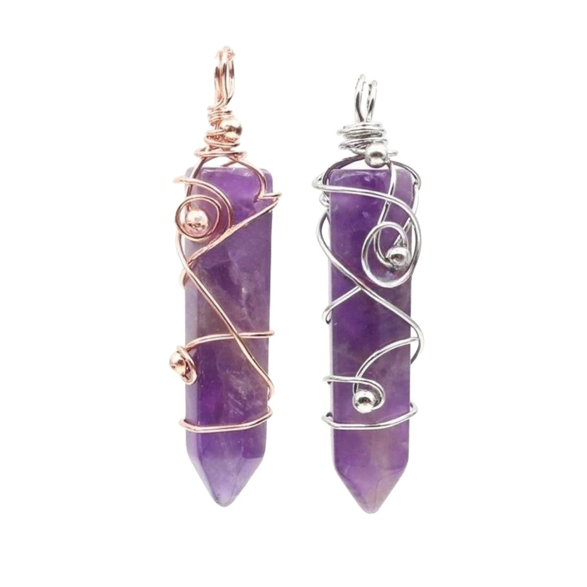 Vintage Wire Wrapped Crystal Wand Pendant • Hexagonal Bullet Stone Charm with Metallic Beads • Boho Wiccan Healing Quartz Jewelry Supply