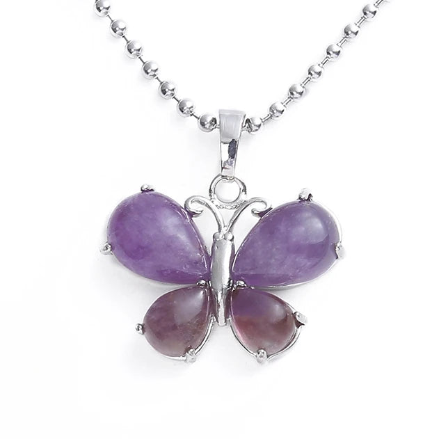 Natural Crystal Butterfly Pendant Teardrop Gemstone Silver‑Plated Alloy Charm Reiki Chakra Healing Stone Pendant for DIY Necklace Jewelry Making Bulk Wholesale