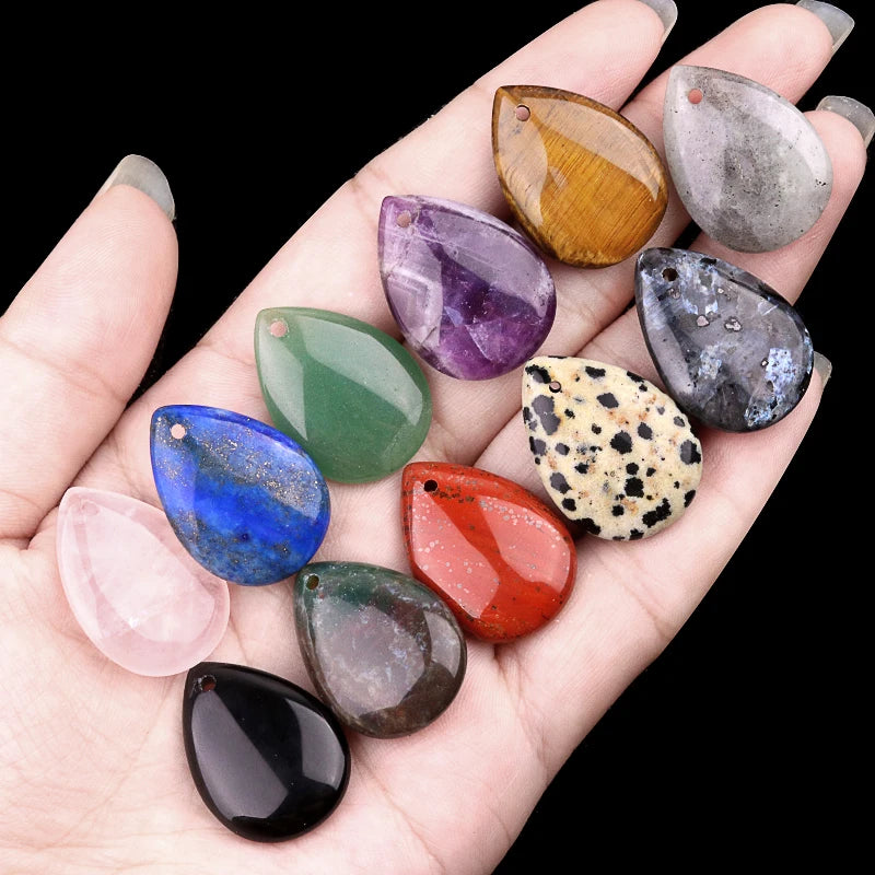 Classic Droplet Shaped Perforated Natural Stone Pendant Multi-Color Agate Stone Necklace Accessories Simple Pendant for DIY