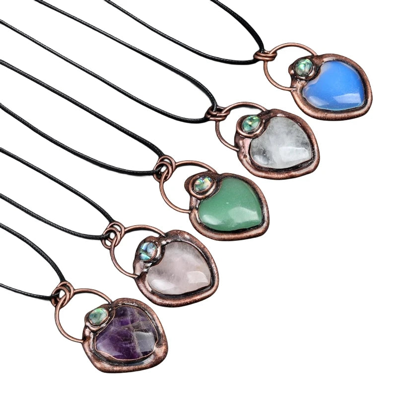 Vintage Copper Heart Crystal Necklace - Natural Gemstone Amethyst Rose Quartz Love Pendant with Abalone Shell Accent Witchy Jewelry