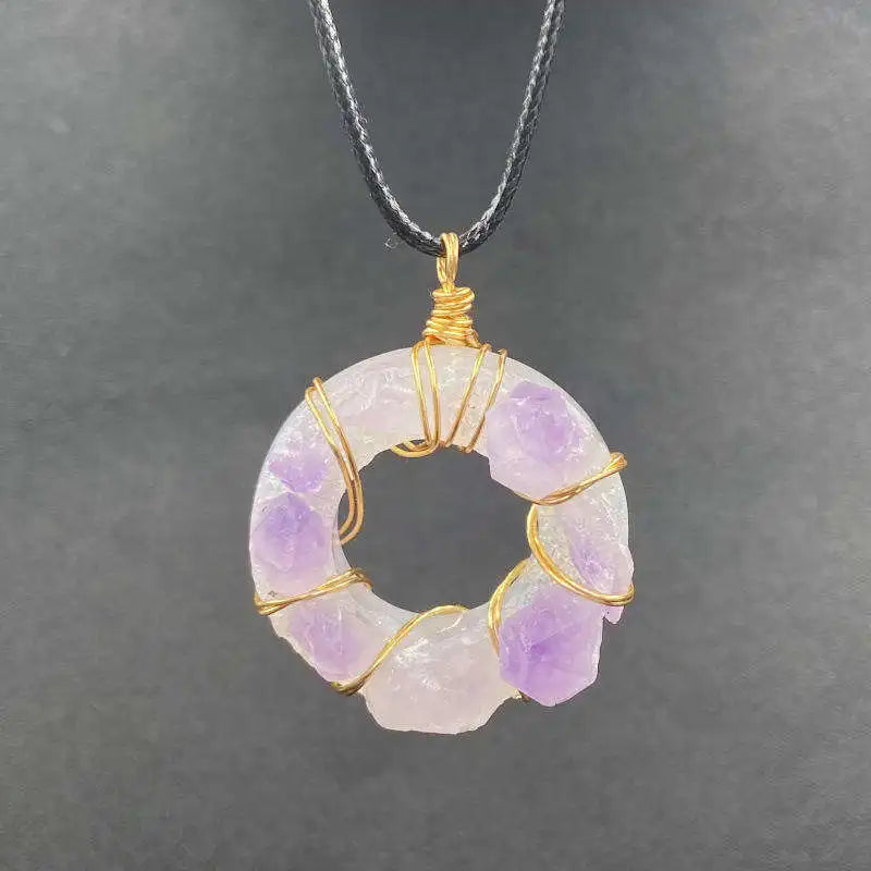 Gold Wire Wrapped Donut Circle Crystal Pendant Natural Rough Druzy Amethyst Rose Quartz Chakra Healing Gemstone Lucky Amulet Necklace for Men Women