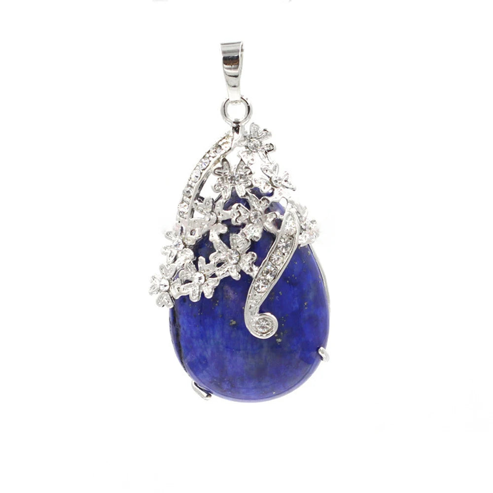 Rhinestone Floral Vine Teardrop Natural Crystal Pendant, Silver‑Tone Alloy Wrapped Water Drop Gemstone Charm for Necklace Jewelry Making