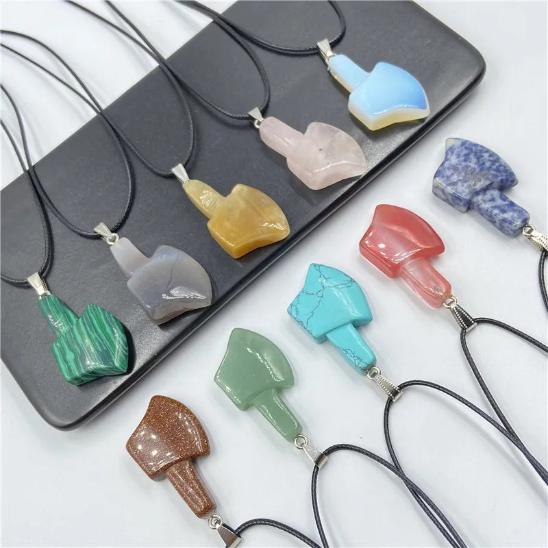 Hand Carved Natural Crystal Axe Pendant Necklace, Multi Color Rose Quartz Agate Malachite Gemstone Chakra Healing Stone Spiritual Jewelry for Men Women