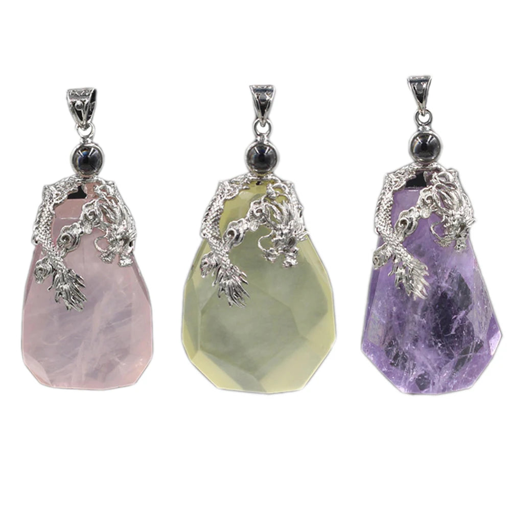Silver Dragon Wrapped Natural Faceted Crystal Pendant 40×25mm, Irregular Raw Gemstone Pendant, Reiki Chakra Healing Stone Charm for DIY Necklace Jewelry Making Spiritual Amulet Gift
