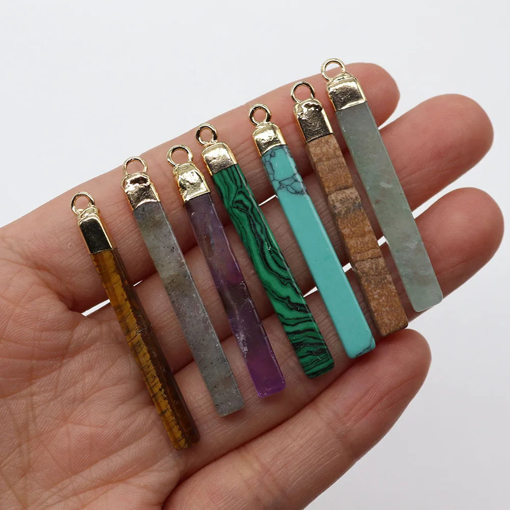 5×45mm Natural Stone Rectangle Bar Pendant with Gold Plated Cap, Healing Crystal Charm for Jewelry Making