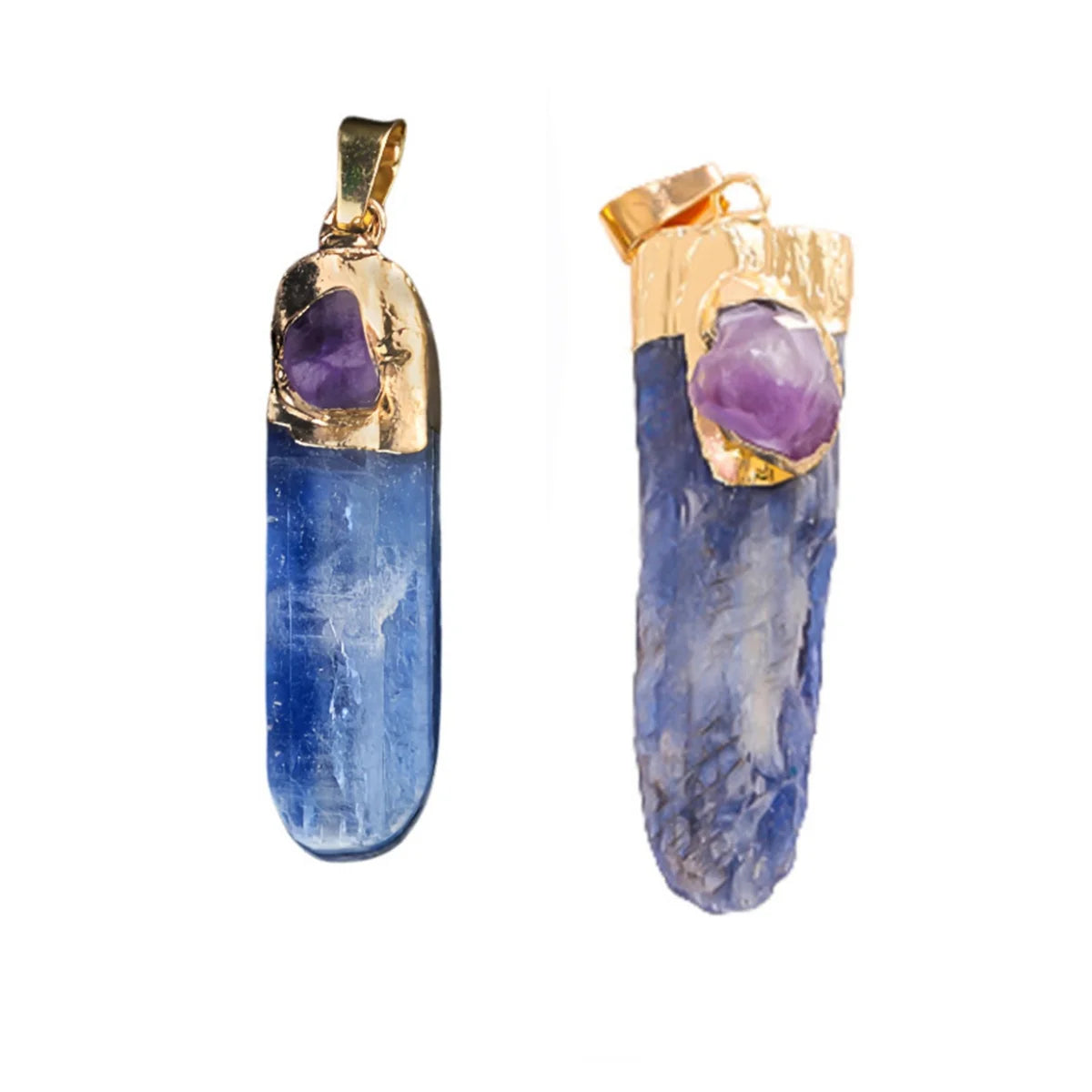 Blue Kyanite Pillar Pendant Necklace with Amethyst Accent | Gold Electroplated Crystal Necklace with Adjustable Black Cord