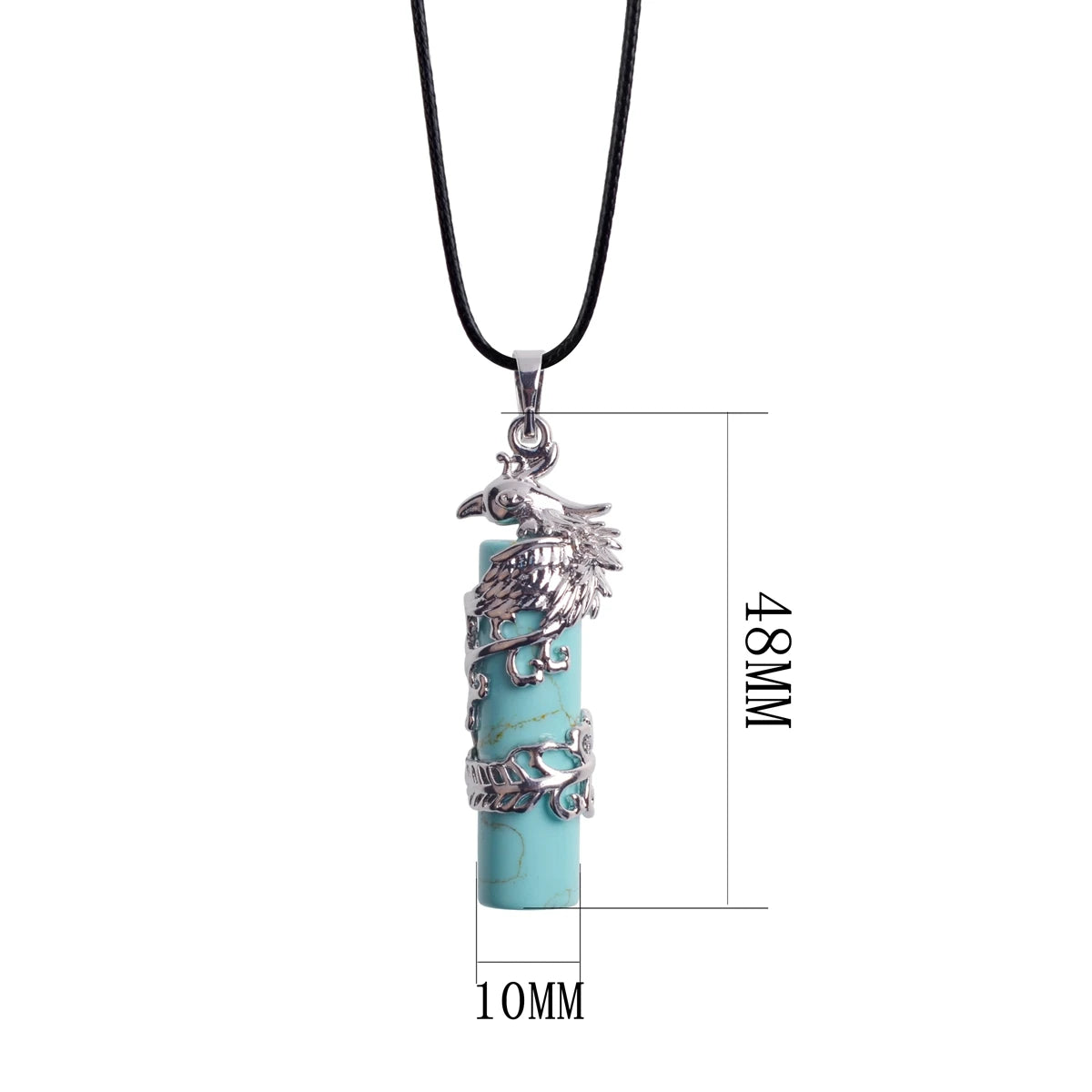 Dragon Phoenix Wrapped Cylinder Natural Crystal Pendant Necklace, Silver Totem Carving Gemstone Column, Reiki Healing Crystal Jewelry with Black Wax Cord