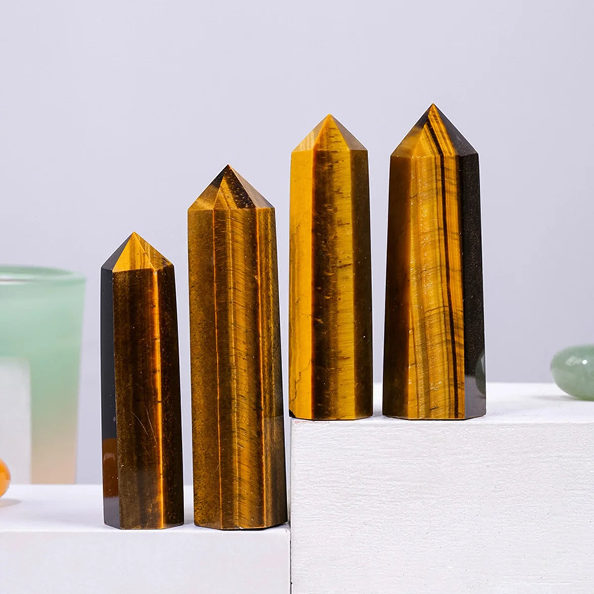 Multi-Sized Tiger Eye Natural Stone Hexagonal Pillar Decoration Office Ornament Tower Stone Crafts DIY Accessory Gift