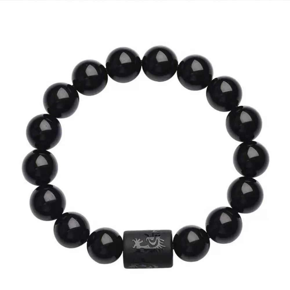 Crystal Obsidian Bracelet Engrave with Dragon or Phoenix Totem Cylinder Bead Men or Women Natural Stone Chain Famous Fashion