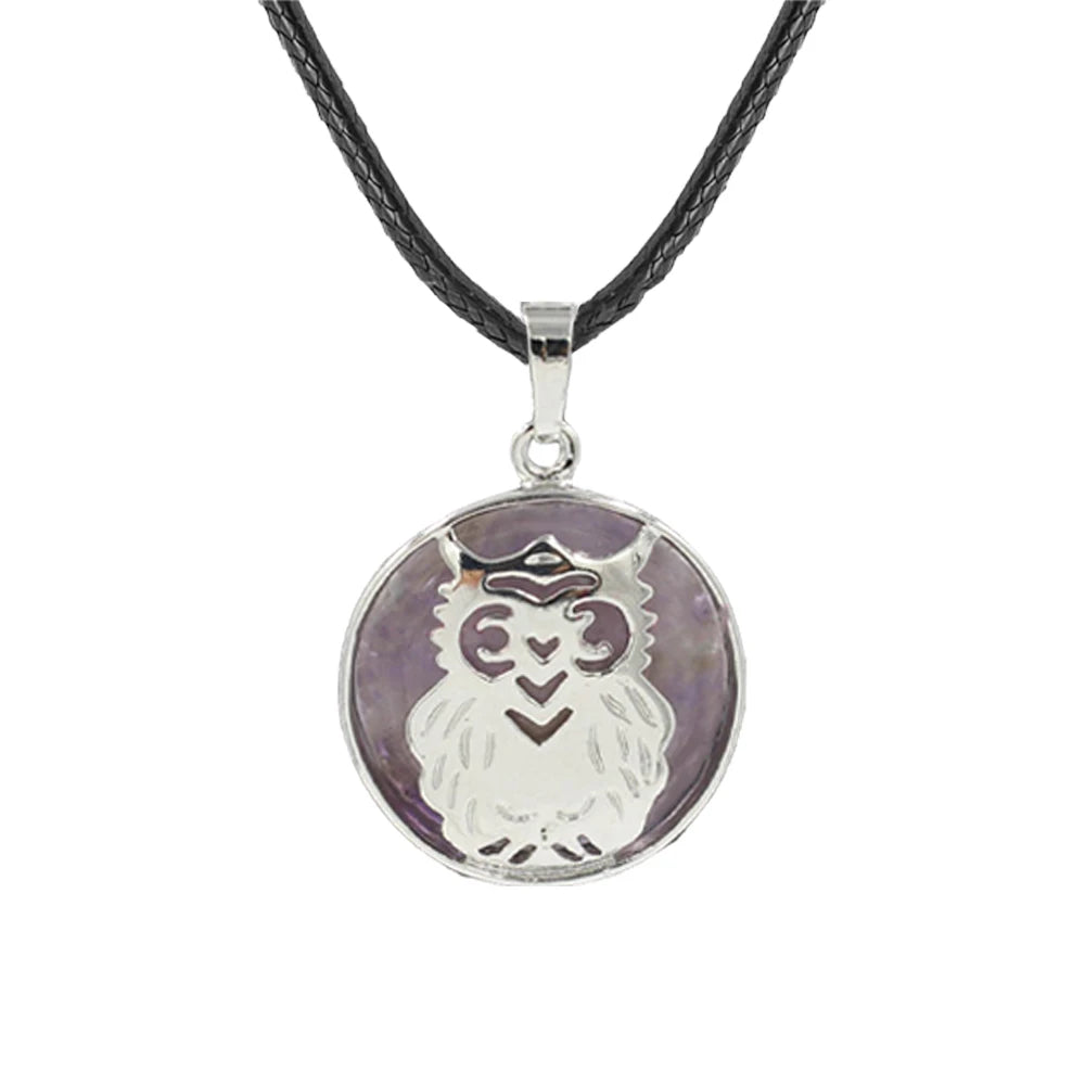 Owl Hollow Pendant Necklace, Silver Plated Natural Crystal Inlay Black Wax Cord Wisdom Symbol Necklace