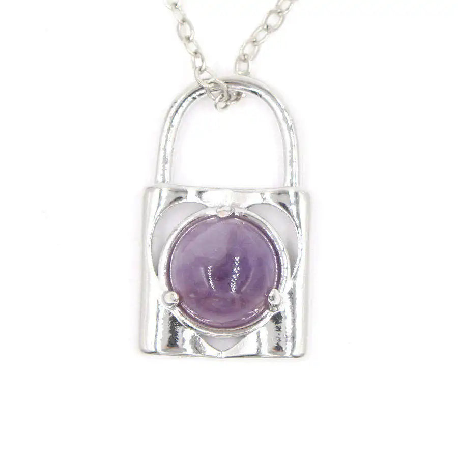 Natural Crystal Lock Pendant, Round Inlaid Chakra Gemstone Charm for DIY Necklace Jewelry Making