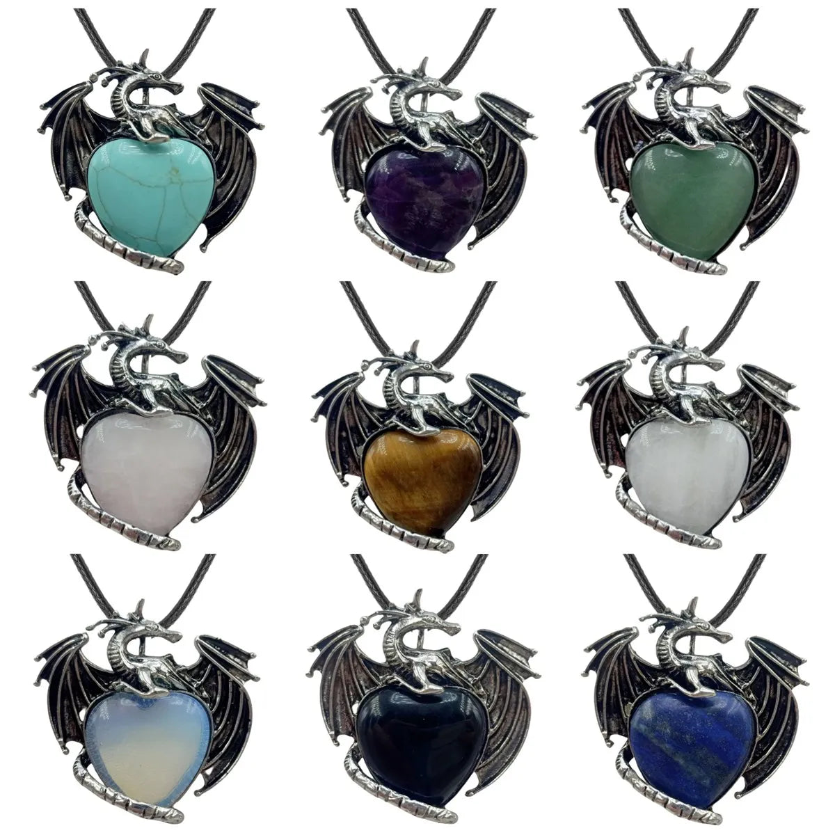 Vintage Silver Alloy Dragon Heart Crystal Necklace | Natural Stone Wax Cord Pterosaur Pendant for Men & Women, Cosplay, Daily Wear