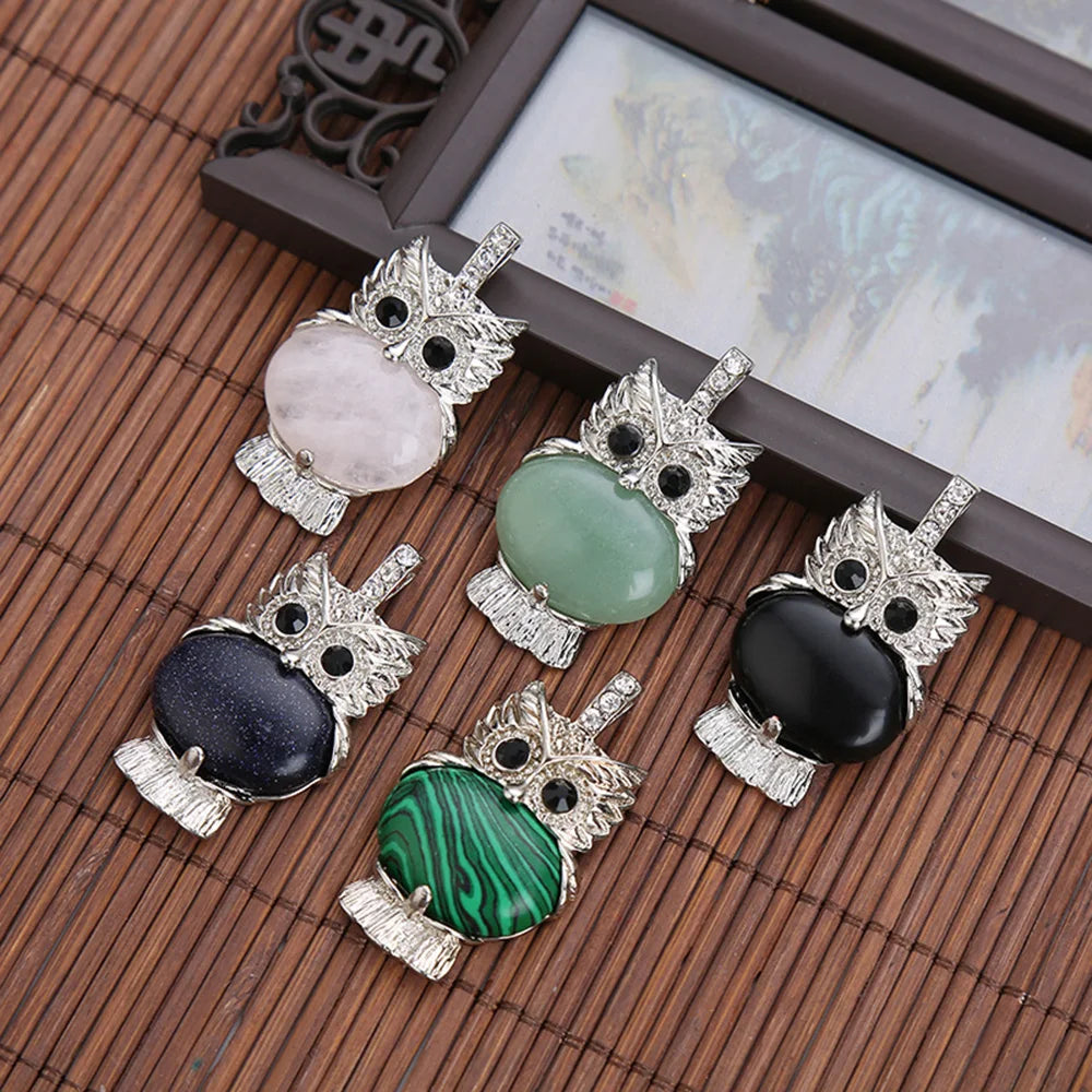 Owl Shape Natural Gemstone Pendant, Silver‑Plated Animal Crystal Charm, Wisdom Owl Healing Stone Necklace Pendant for DIY Jewelry Making
