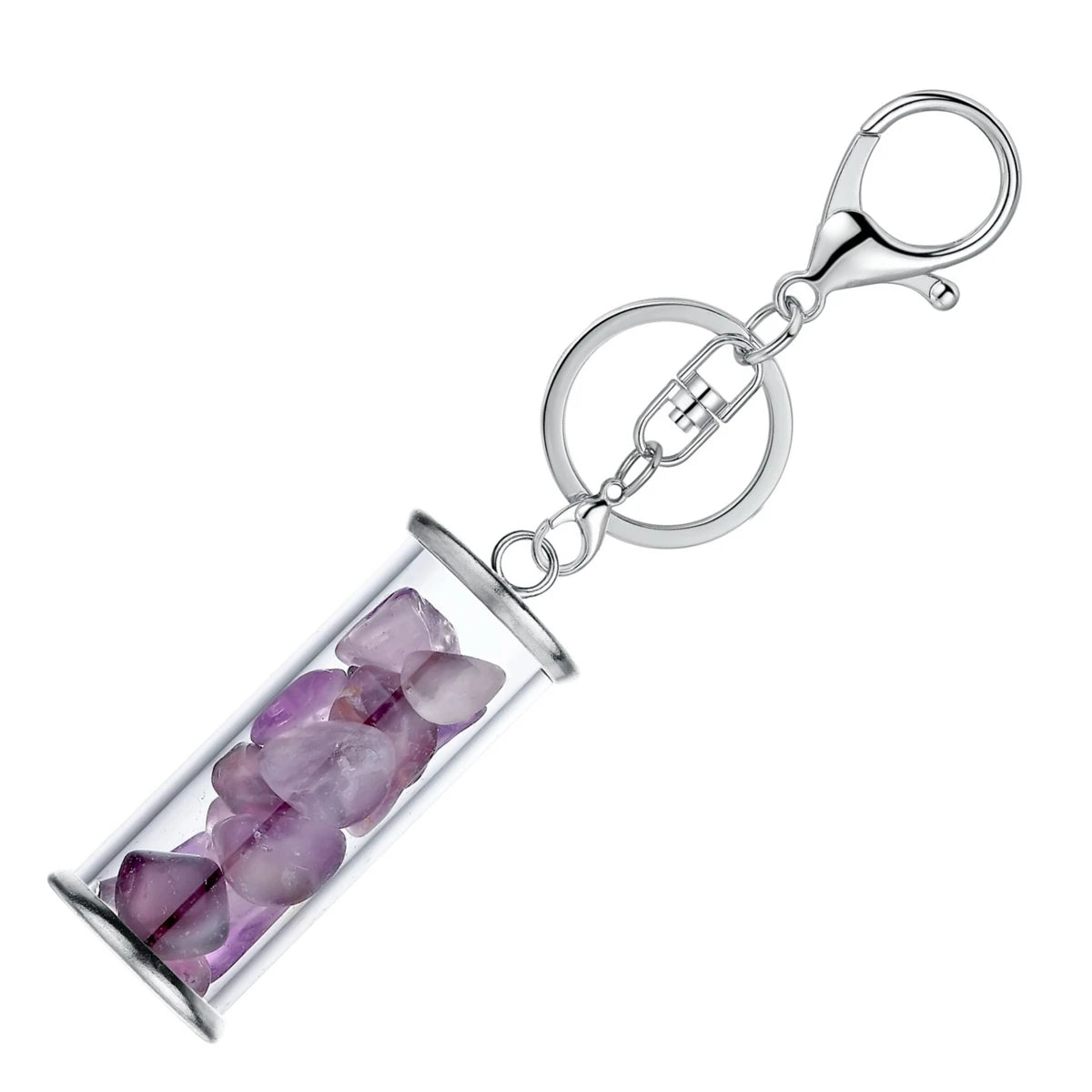 Handmade Gemstone Gravel Glass Bottle Key Chain, Assorted Natural Crushed Crystal Chips Wishing Vial Keyring Spiritual Energy Bag Accessory