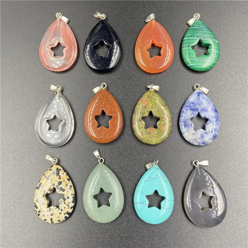 Hollow Five-Pointed Star Waterdrop Healing Crystal Pendant | Natural Gemstone Teardrop Charm for Birthday Meditation Friendship Gift