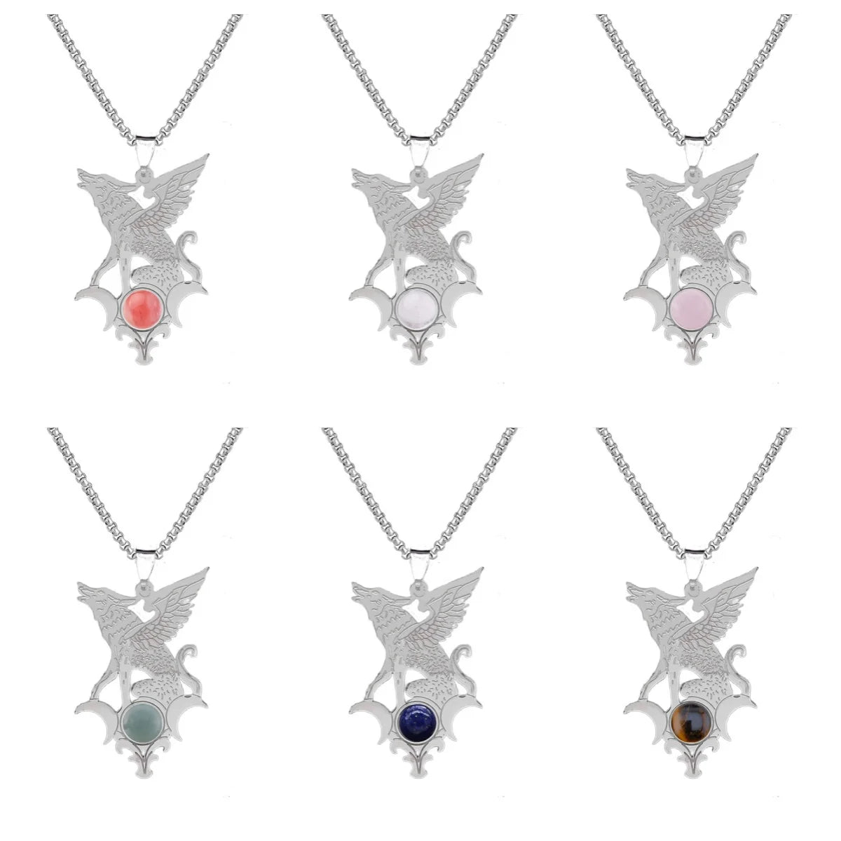 Stainless Steel Flying Wolf Pendant Necklace - Mythical Creature Jewelry with Natural Agate Stone - Gothic Punk Style for Men