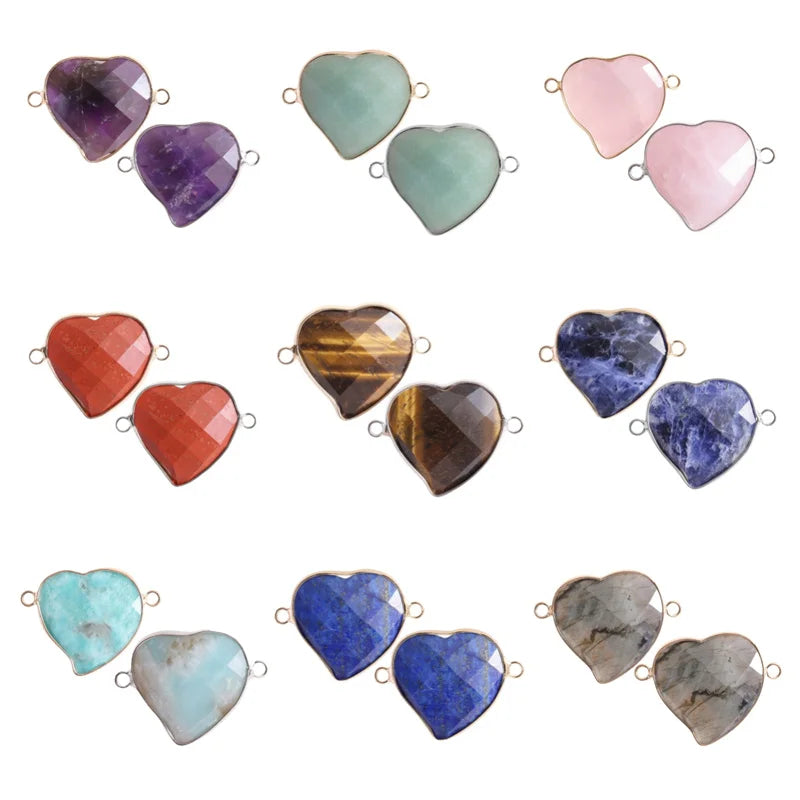 25mm Faceted Heart Gemstone Connector | Silver-Plated Brass Edge Double Loop Link for Jewelry Making