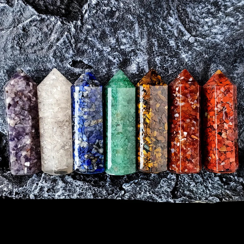 Orgonite Chipped Crystal Hexagonal Wand Point Tower Natural Chakra Chips Resin Obelisk for Meditation Home Decor