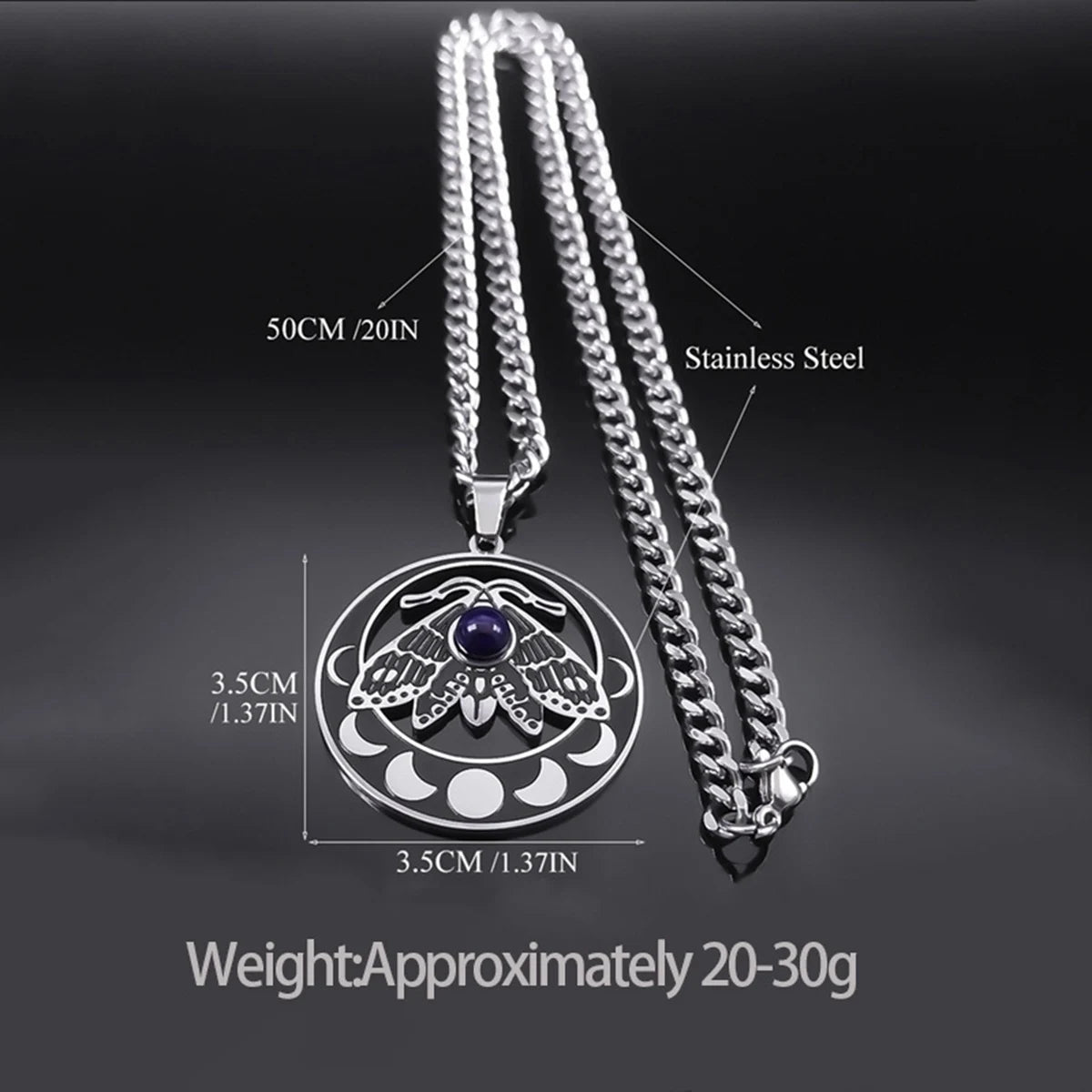 Vintage Moth Moon Phase Necklace - Gothic Stainless Steel Gemstone Amulet - Witchy Celestial Insect Jewelry for Women & Men