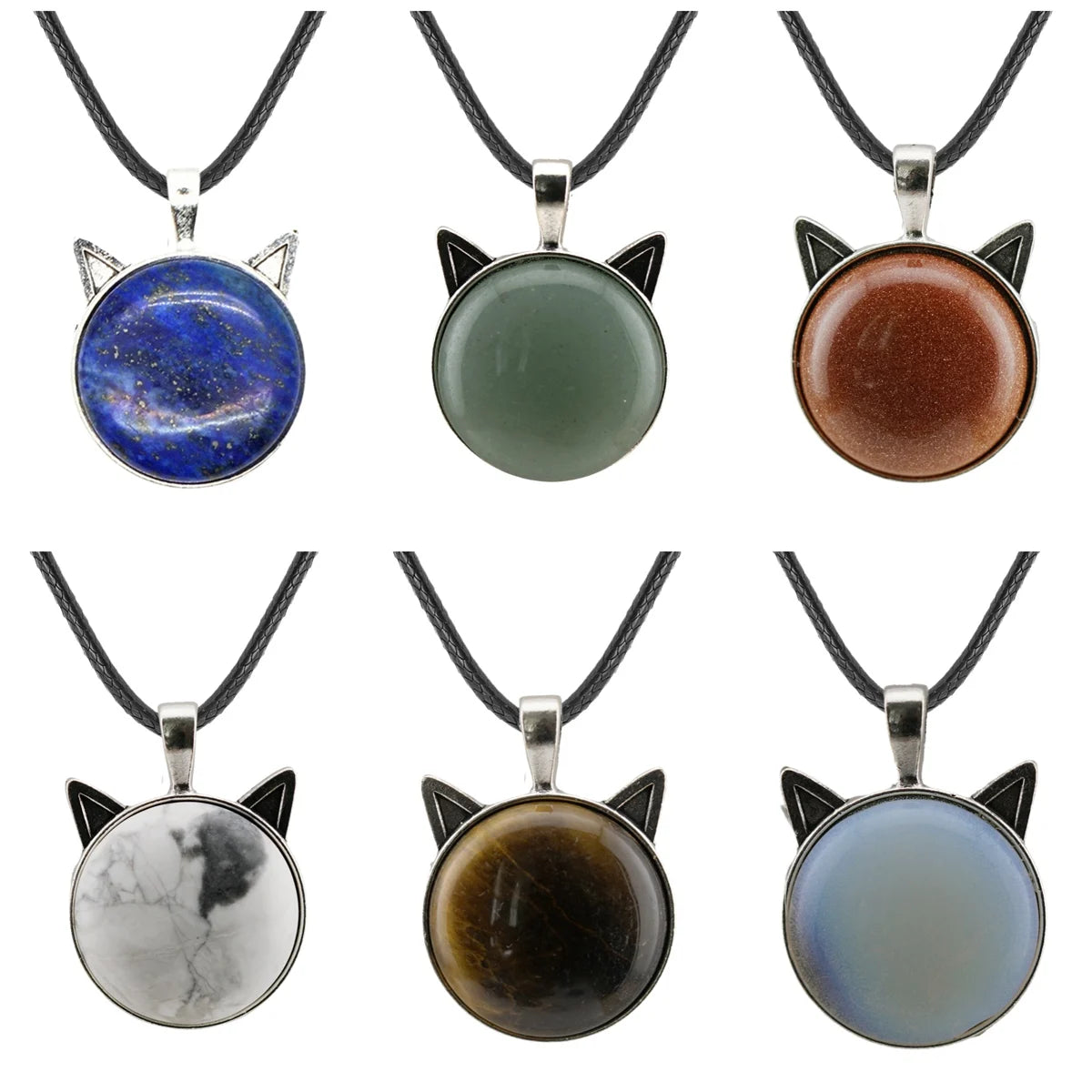 Natural Crystal Cat Head Pendant Necklace with Black Leather Cord Healing Gemstone Cat Ear Necklace Spiritual Energy Jewelry Holiday Gift for Friends Family