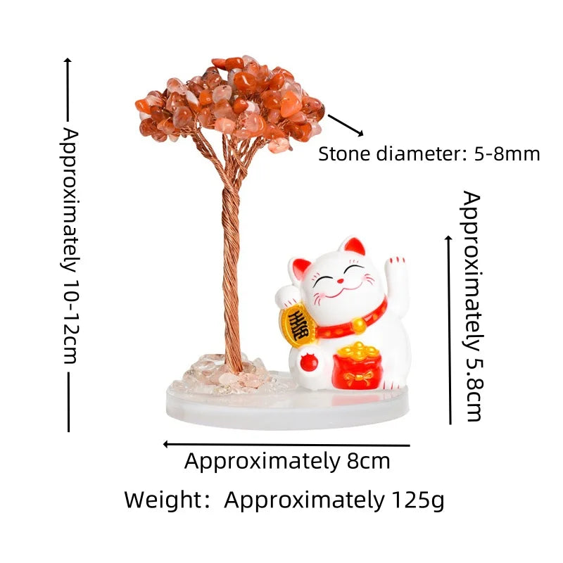 Maneki-neko Lucky Cat Crystal Tree | Feng Shui Fortune Ornament for Home Office Good Luck & Prosperity