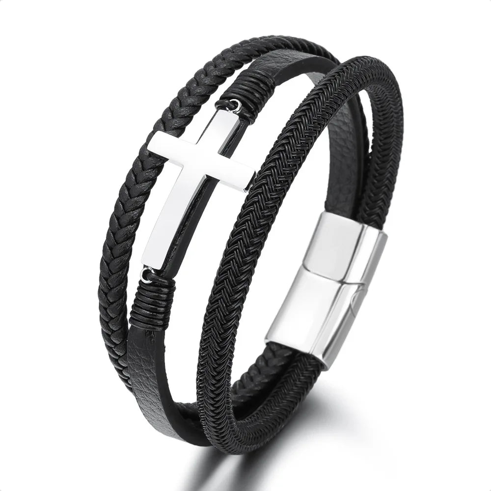 Men's Cross Faith Bracelet - Genuine Cowhide Leather & Stainless Steel Religious Wristband