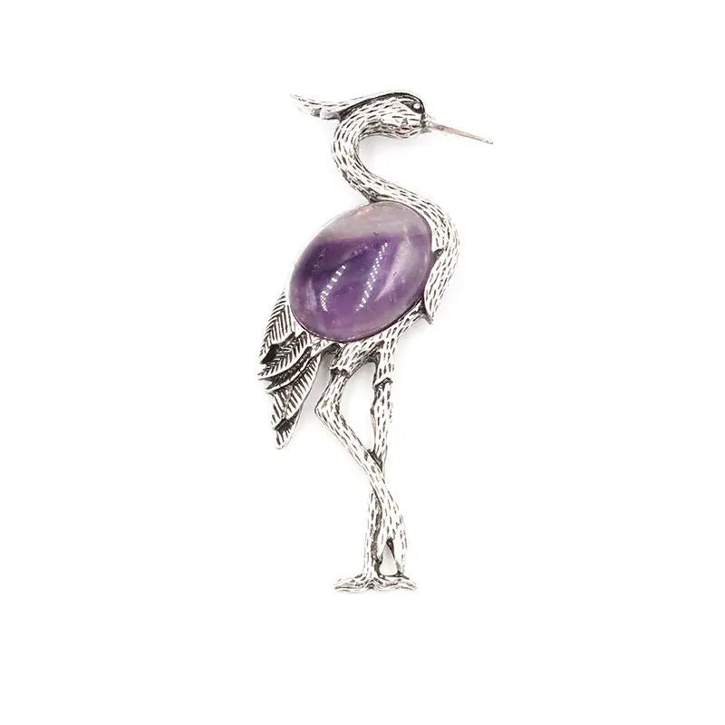 Antique Silver Red Crowned Crane Brooch Pendant Inlaid Natural Crystal Oriental Lucky Bird 2 In 1 Brooch & Necklace Gemstone Jewelry for Women