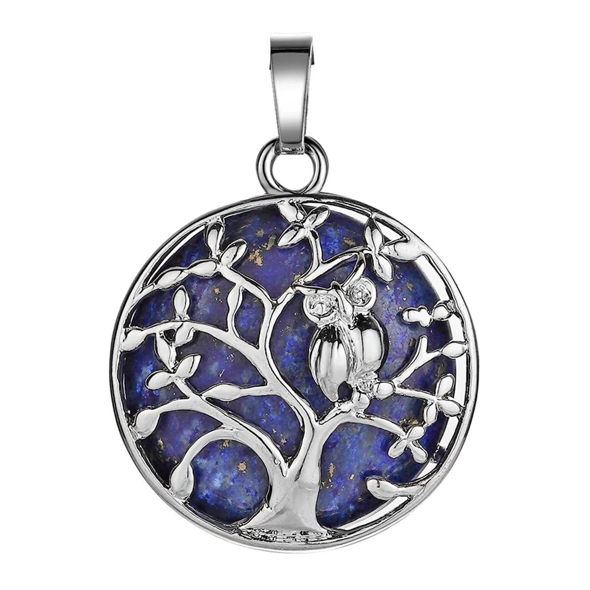 Natural Crystal Tree of Life Owl Pendant Necklace – 30mm Round Gemstone Amulet Jewelry Gift for Women