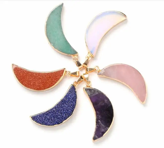 Bohemian Gold‑Trimmed Crescent Moon Gemstone Pendant, Natural Polished Crystal Moon Charm for Handmade Necklace, Multiple Stone Options Spiritual Healing Jewelry Supply