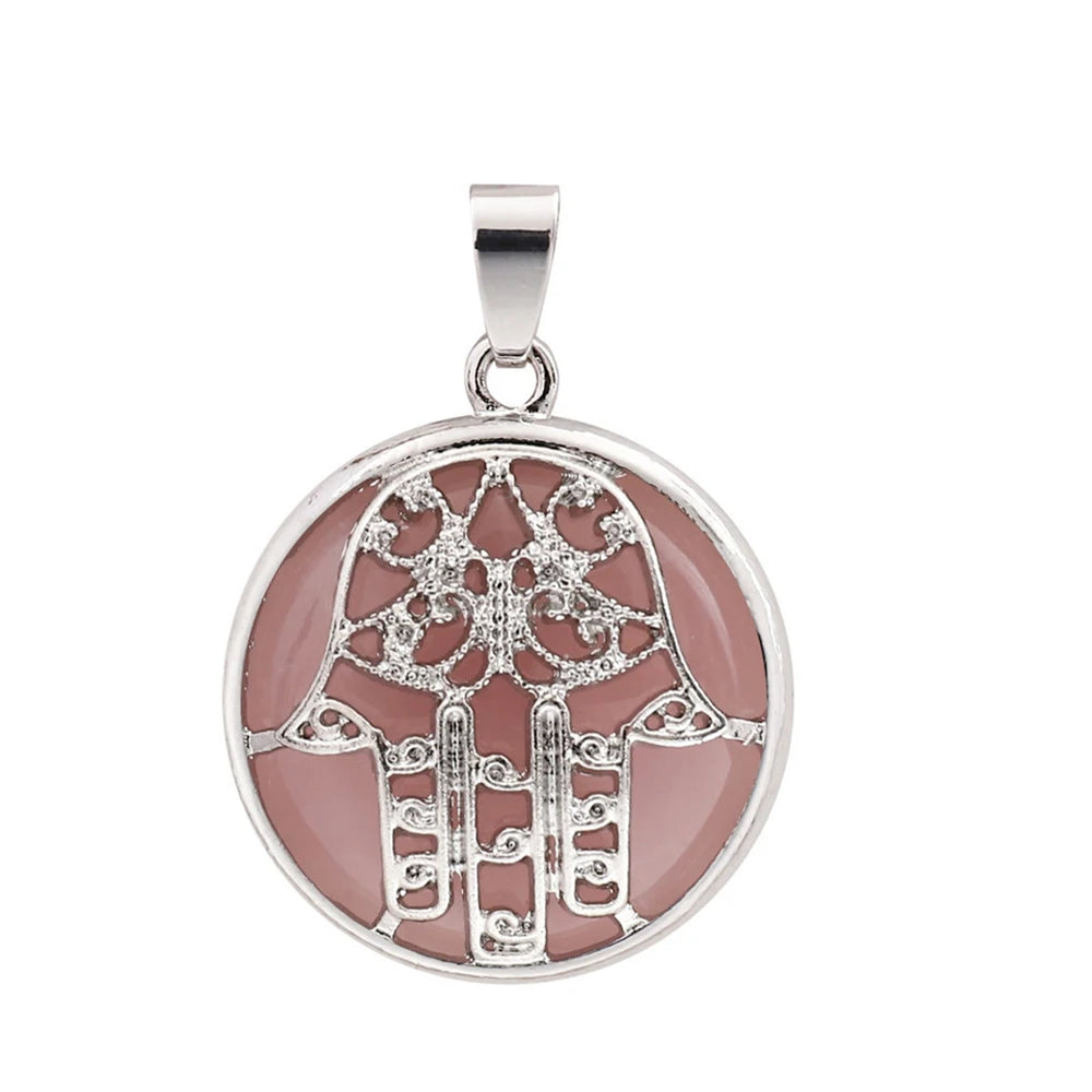 Silver Plated Hamsa Hand Pendant, Natural Crystal Inlaid Fatima Hand Hollow Charm for Spiritual Necklace Making