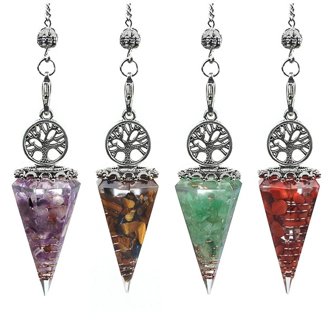 Chips Gemstone Tree of Life Resin Pendulum NO Chain Hexagonal Pyramid Pendant #SP1882AS-F98