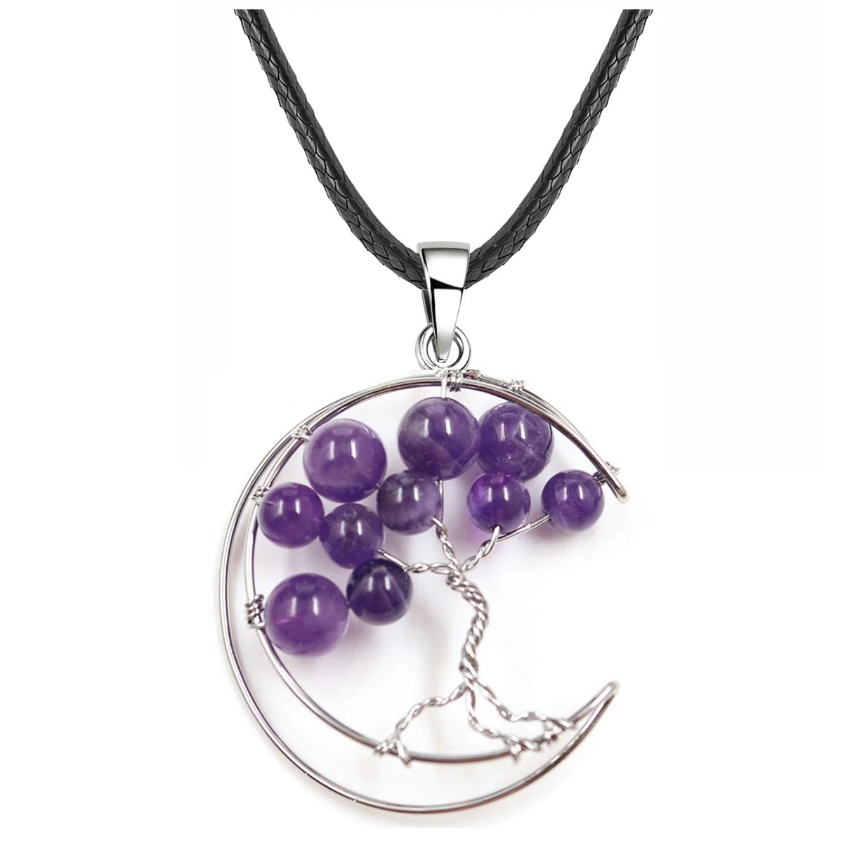 Crescent Moon Tree of Life Pendant Necklace, Natural Crystal Gemstone Chakra Healing Stone Necklace, Handmade Wire Wrapped Crystal Life Tree Jewelry Gift for Women
